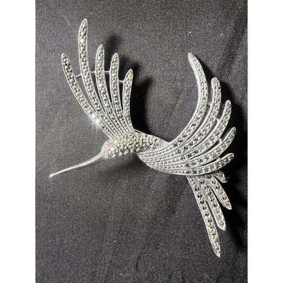 JUDITH JACK Hummingbird Sterling Silver Marcasite Ruby Pin Brooch - Picture 2 of 8